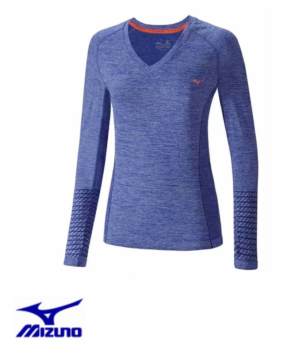 Mizuno Japan Women Blue Long Sleeve V-Neck Athletic Running Top Small